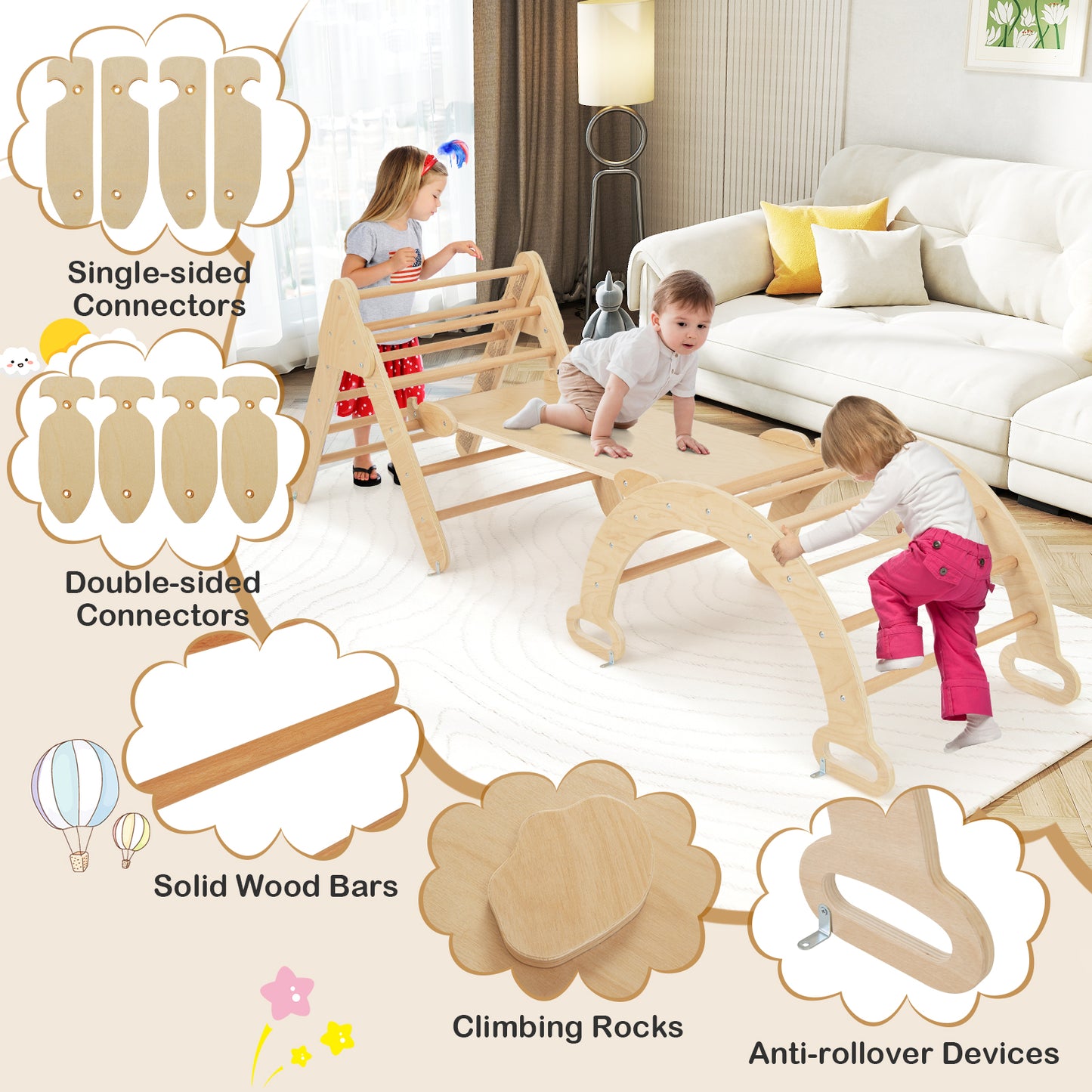8 In 1 Kids Climbing Frame With Padded Cushion And Reversible Ramp Natural