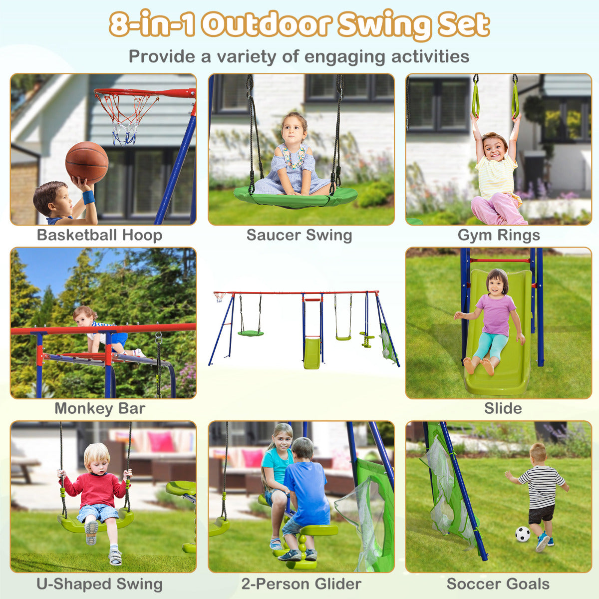8-in-1 Outdoor Swing Set | Slide Basketball Hoop Multicolour