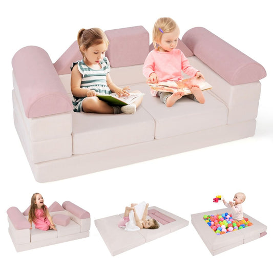 Versatile 9-piece modular play couch for kids features pink washable covers and multiple configuration options for