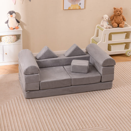 Modular play couch set with washable grey covers, perfect for kids versatile home activities.