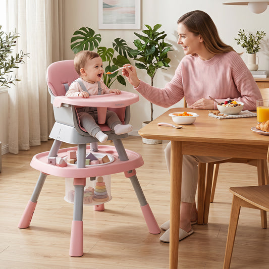 15-in-1 Pink Convertible Baby High Chair | Adjustable Tray & Harness