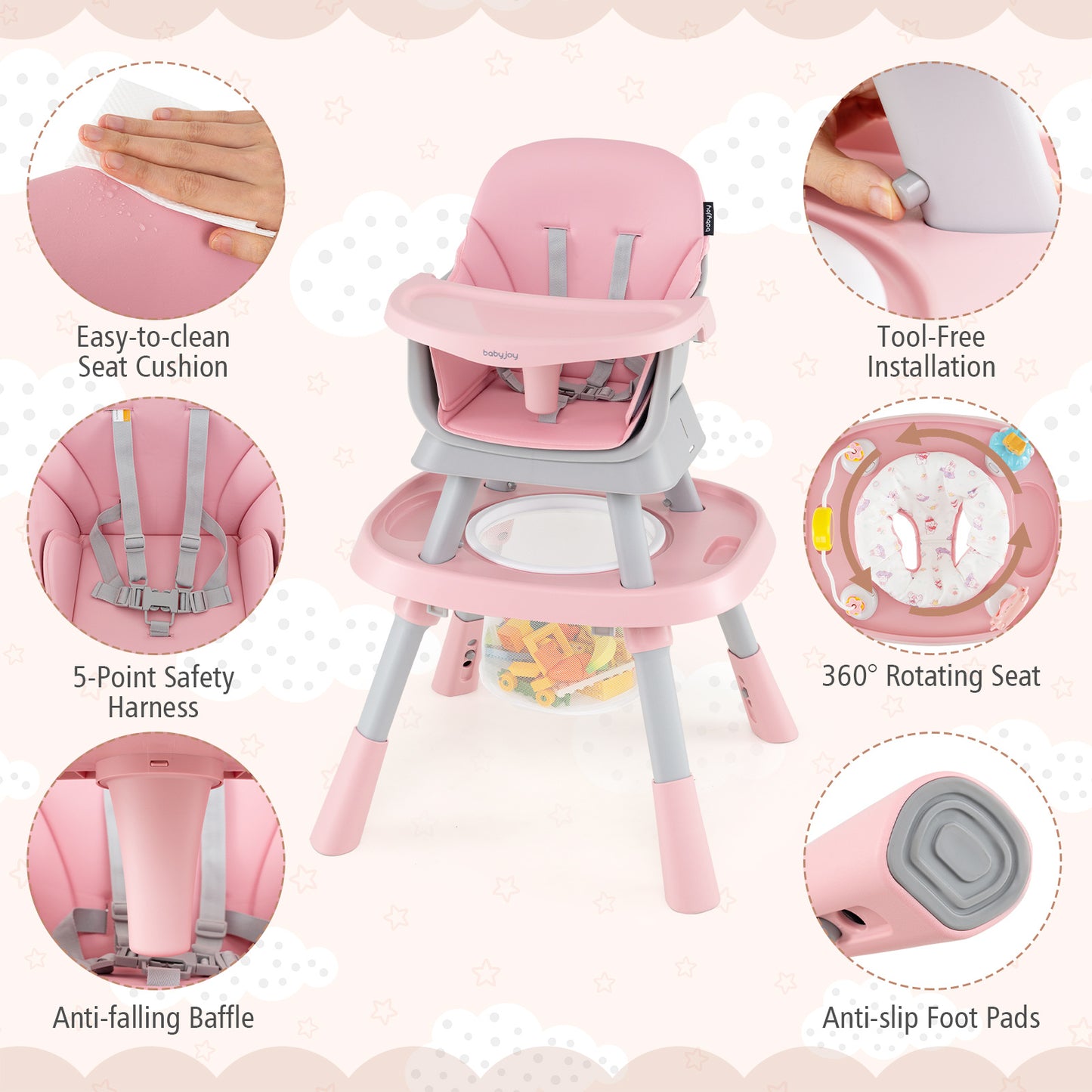 15-in-1 Pink Convertible Baby High Chair | Adjustable Tray & Harness