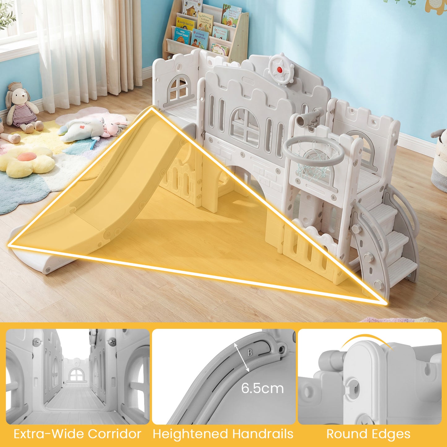 L Shaped Toddler Slide | Tunnel Basketball Hoop | White Pink