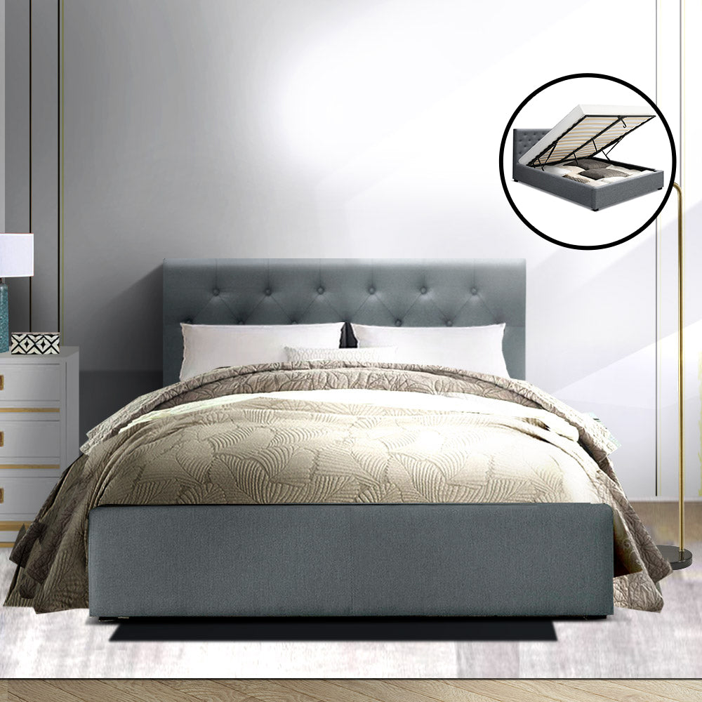 Artiss Vila Double Gas Lift Bed Frame | Grey storage bed for kids rooms.