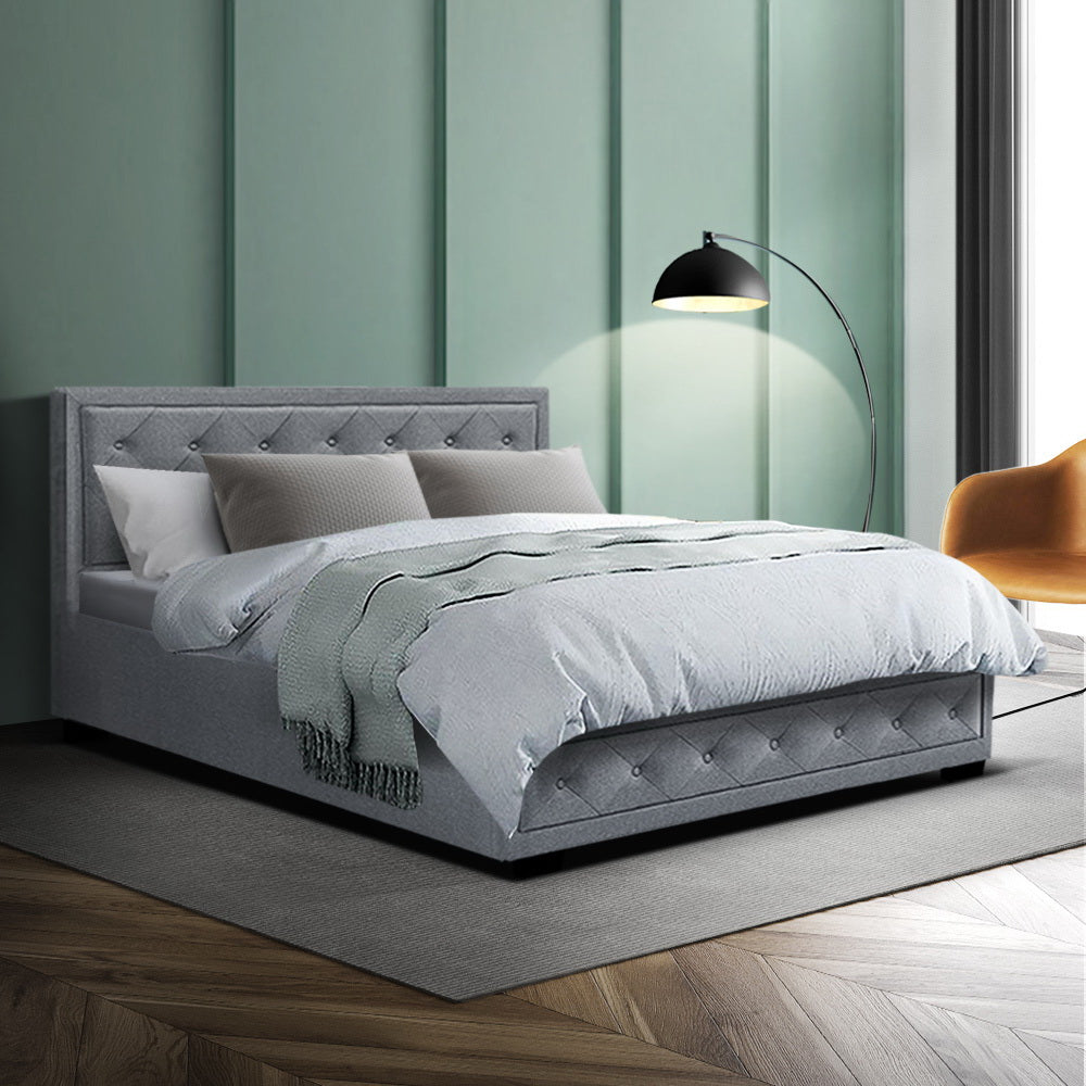 Grey gas lift bed frame with storage, perfect for kids bedroom organization and comfort.