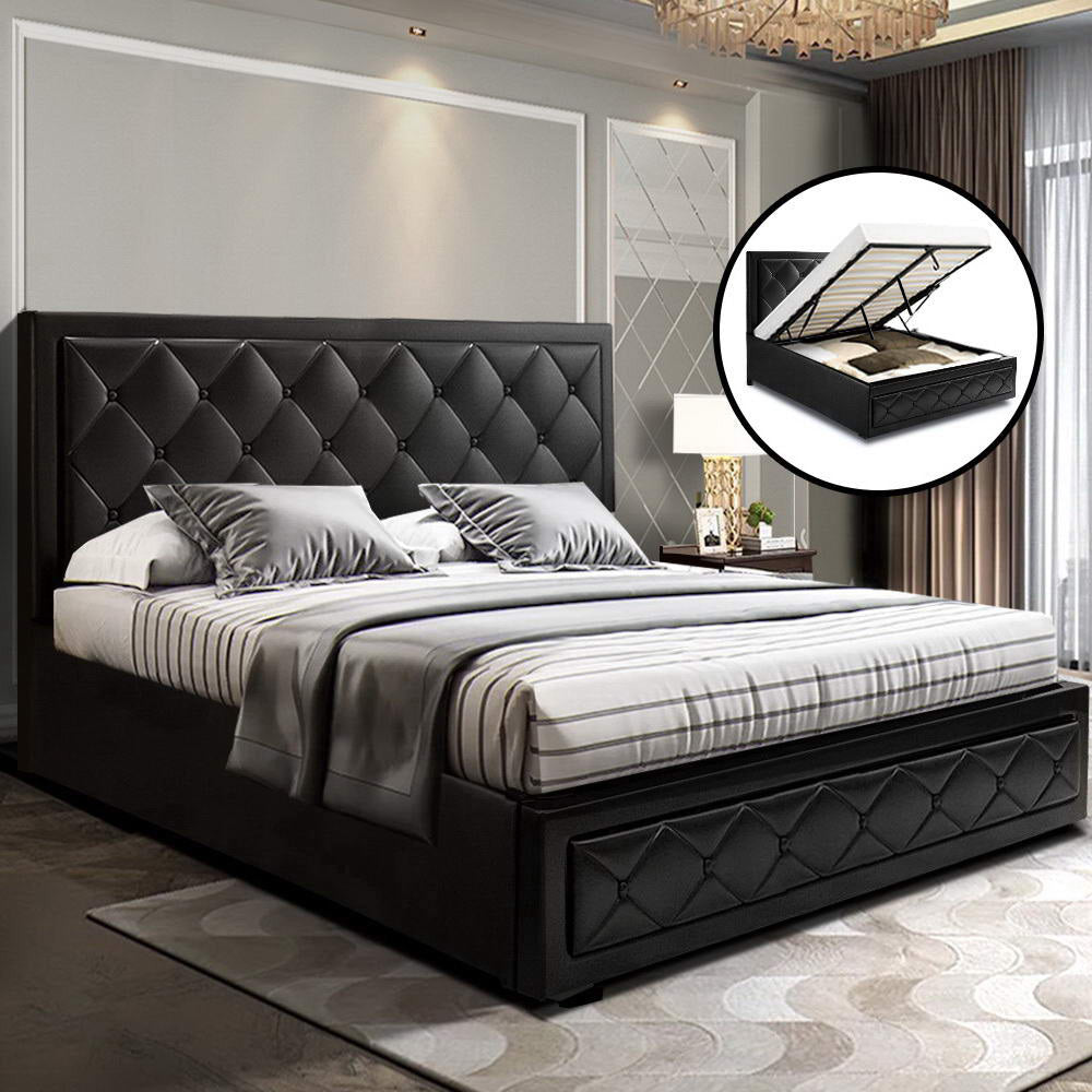 Black Tiyo gas lift bed frame with storage, perfect for kids bedroom organization.