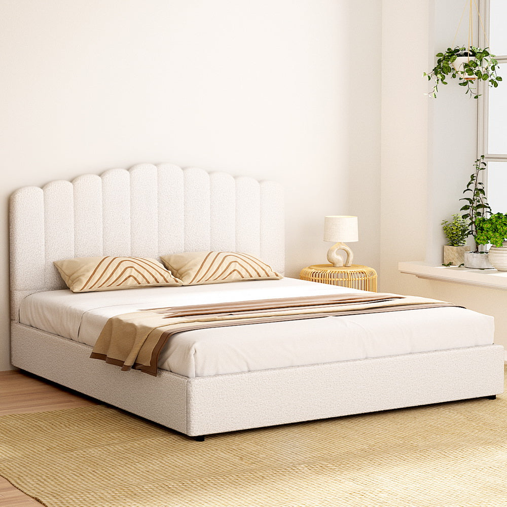 Luxurious king-size Artiss FION bed frame featuring soft boucle upholstery for elegant bedroom comfort.