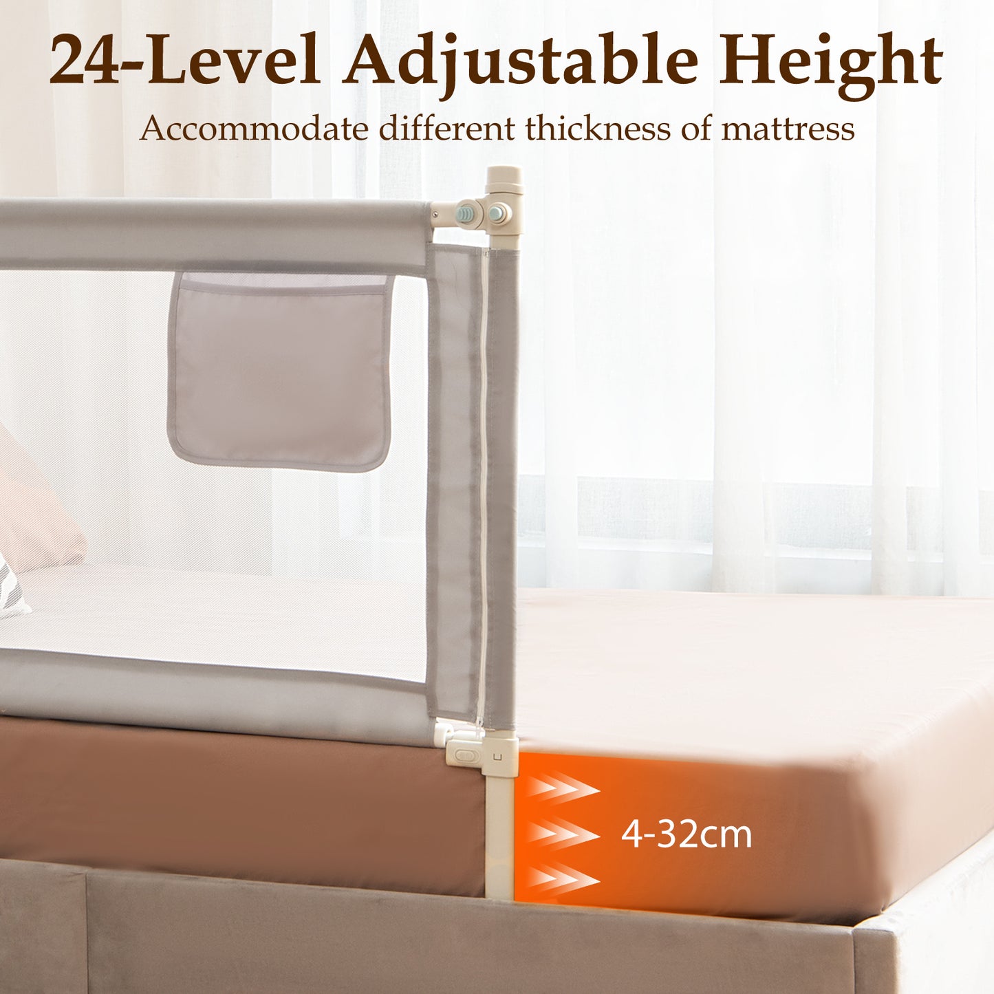 Grey Toddler Bed Rail | Adjustable Height Storage Pocket Lift