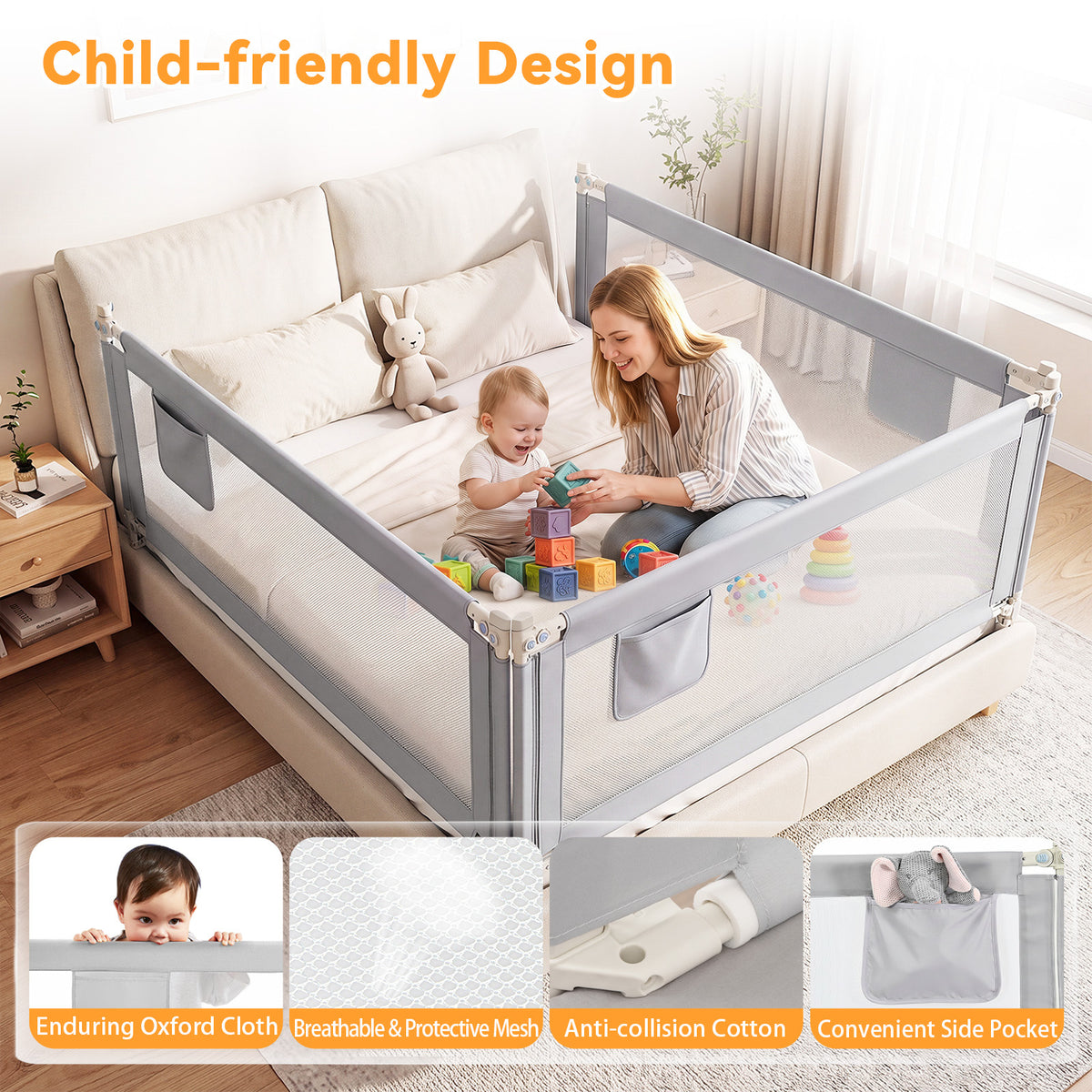 Grey Toddler Bed Rail 195cm | Double Lock & Storage Pocket