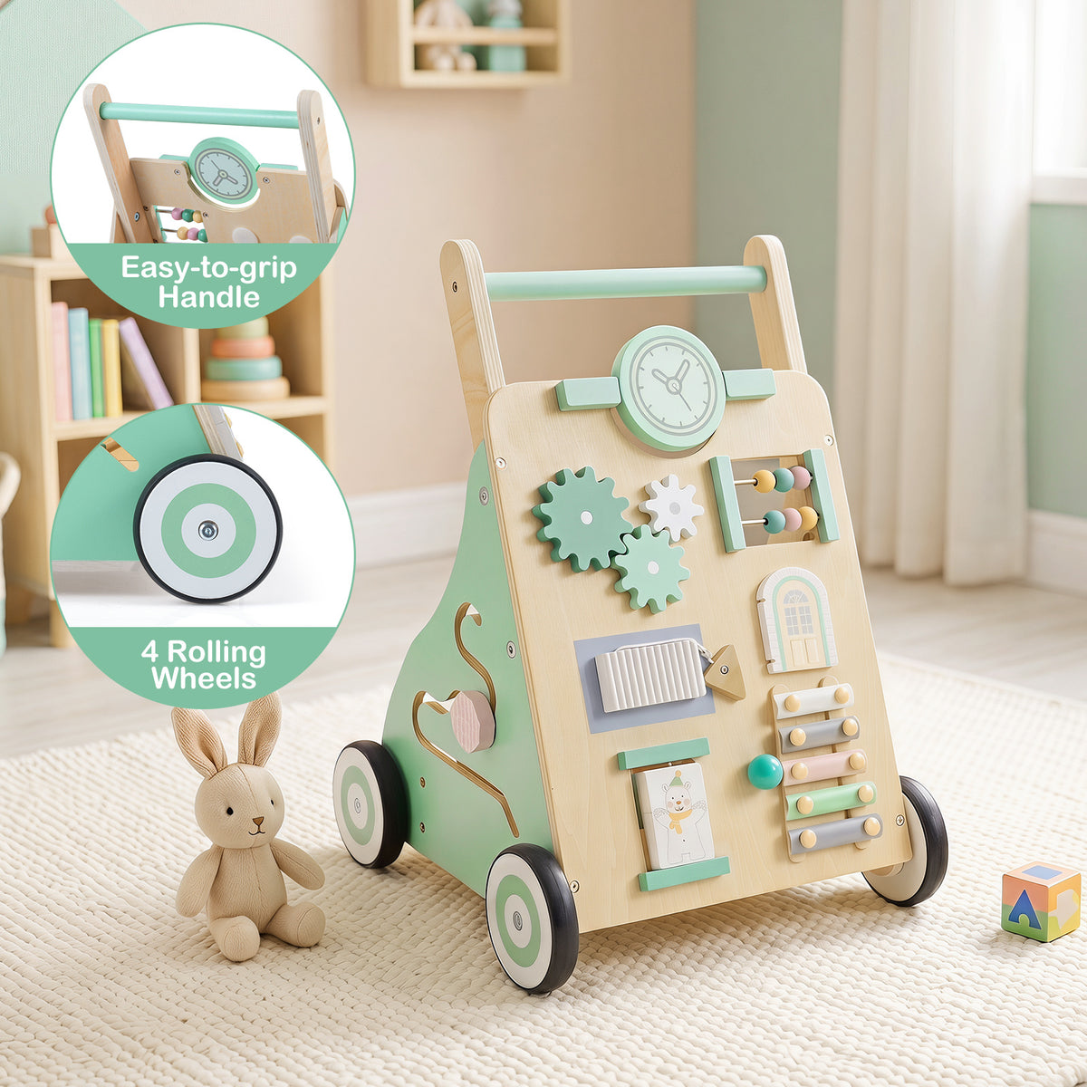 Green Baby Push Walker | Activity Center With Blocks & Wheels