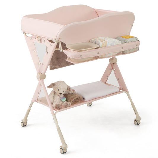 Pink Foldable Baby Changing Table | 3 Height Adjustable Wheels