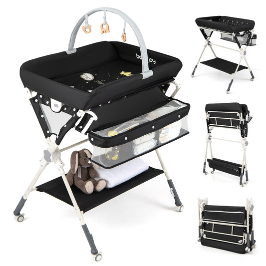 Black Baby Changing Table With Storage Bag & Adjustable Height