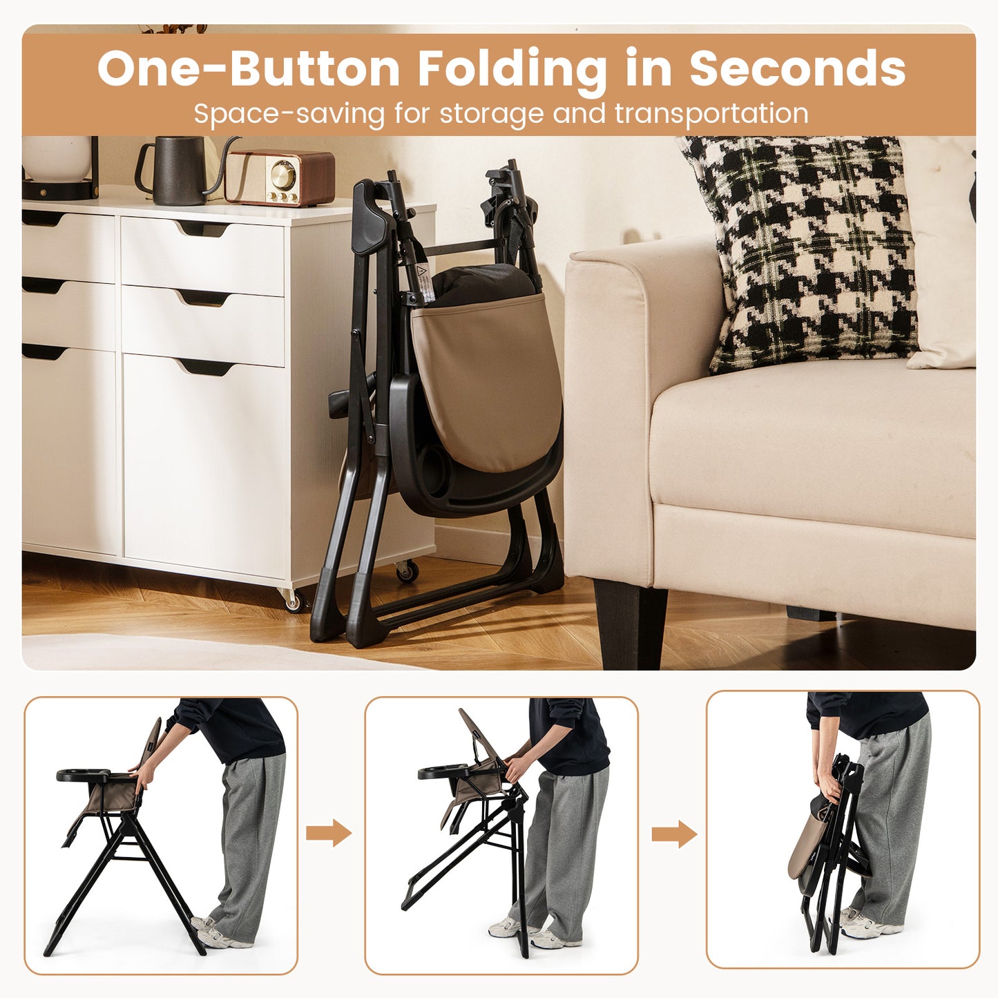 Foldable Baby High Chair | Removable Tray | PU Cushion | Khaki