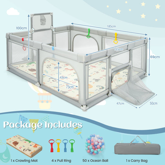 Large Grey Baby Playpen 185x155cm | Basketball Hoop Soccer Gates