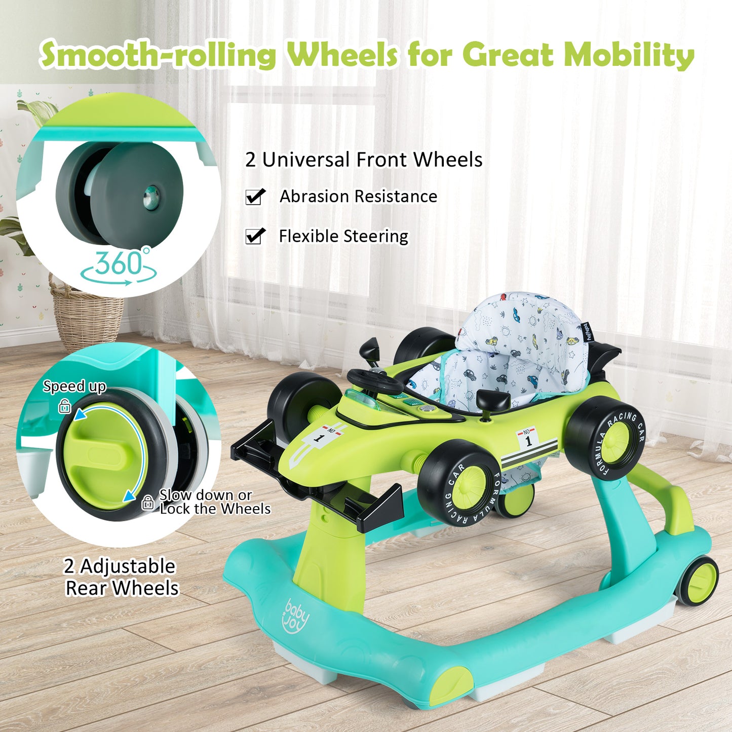 4 In 1 Baby Walker | Blue & Green Foldable 3 Height Adjustable
