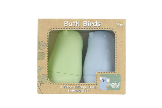 Colorful silicone bird bath pourers set, perfect for kids imaginative play at home.