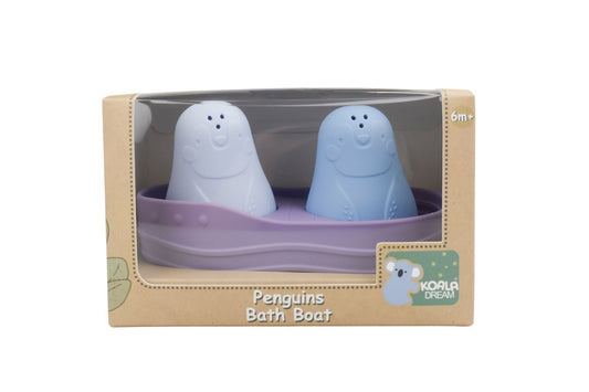 Koala Dream bathtime boat set with silicone penguin figures in purple and blue colors.