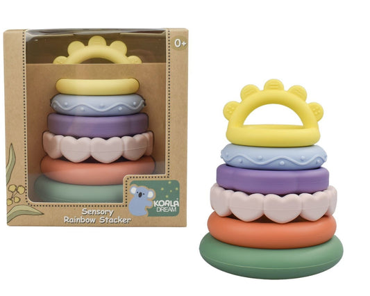 Silicone rainbow stacking teether with koala design for soothing babies gums and sensory play.