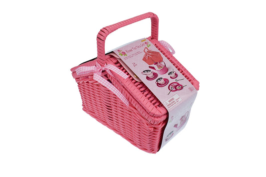 Rose Tin Tea Set | Pink 18-Piece Set in Picnic Basket