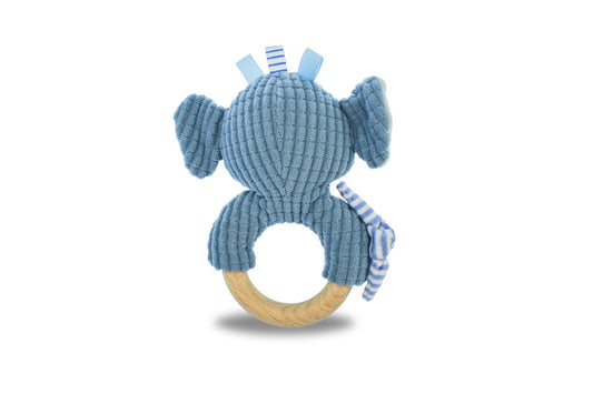 Elephant wooden ring rattle designed for infants, perfect for snuggles and sensory development.