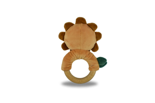 Lion plush rattle featuring a wooden teething ring for comforting playtime.