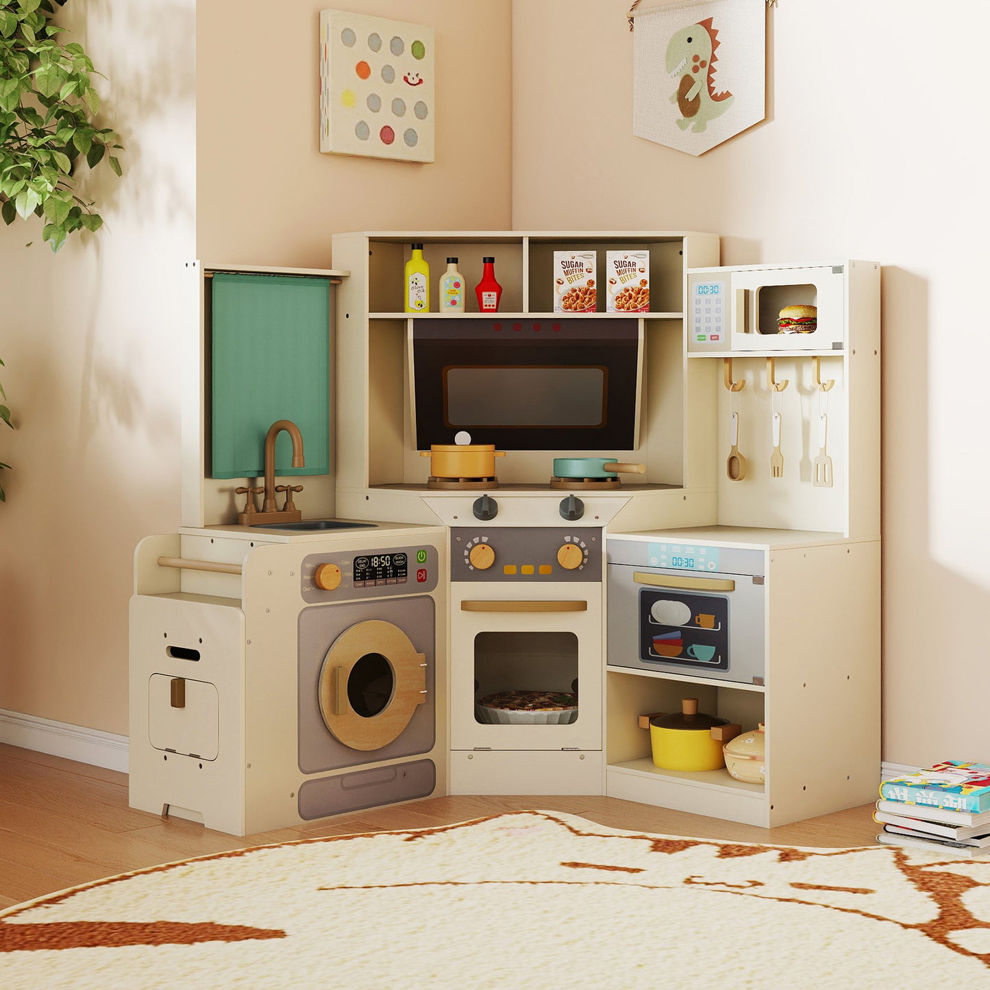 Corner Kitchen with Pull-out Trash Can and Cooking Accessories-Beige