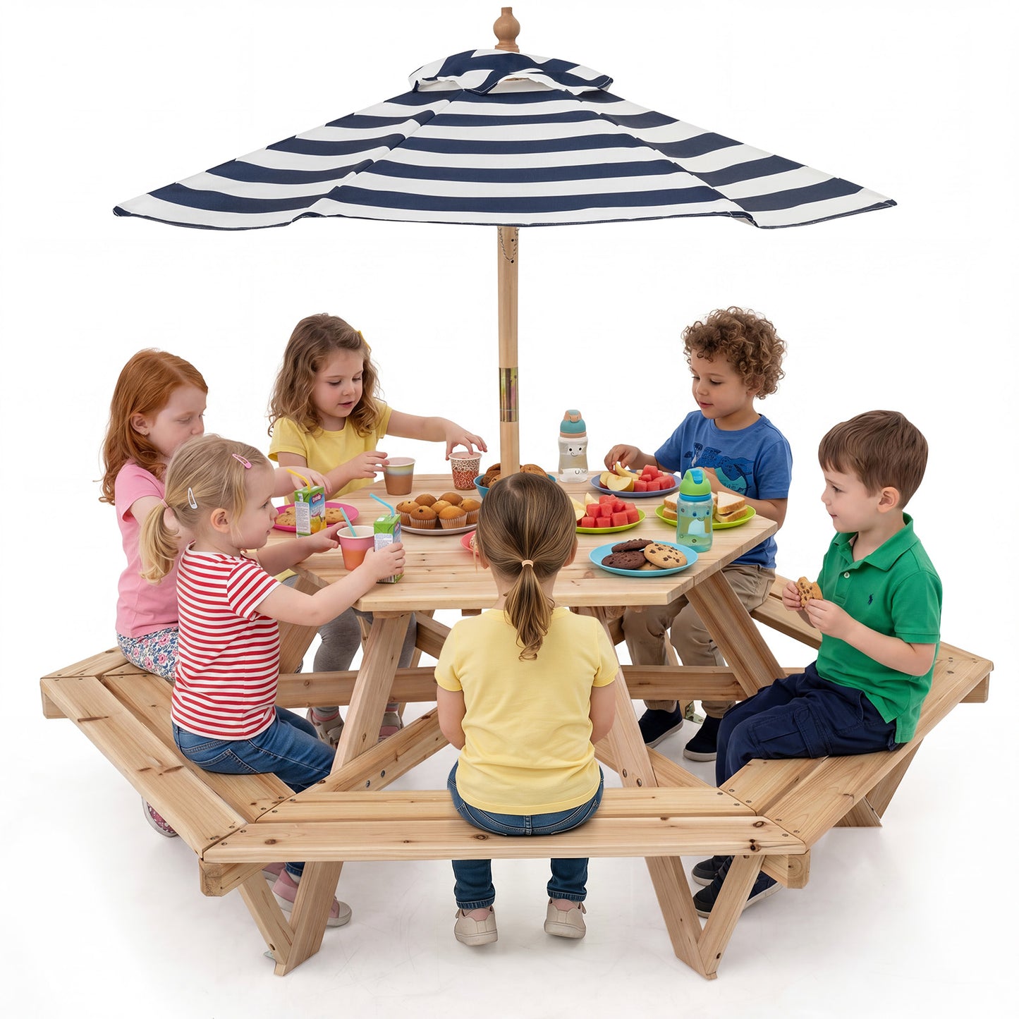 Kids Hexagonal Picnic Table With Umbrella | Natural Blue White