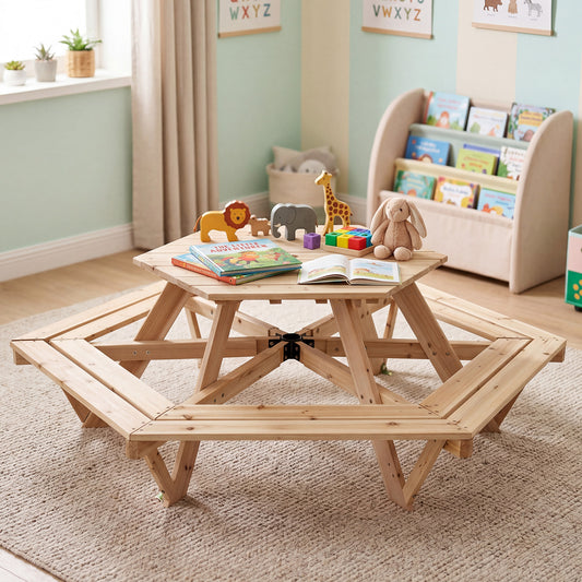 Kids Hexagonal Picnic Table With Umbrella | Natural Blue White