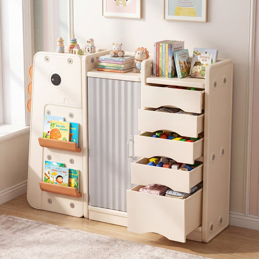 Beige Dinosaur Kids Toy Storage | 5 Bins & 3-Tier Bookshelf