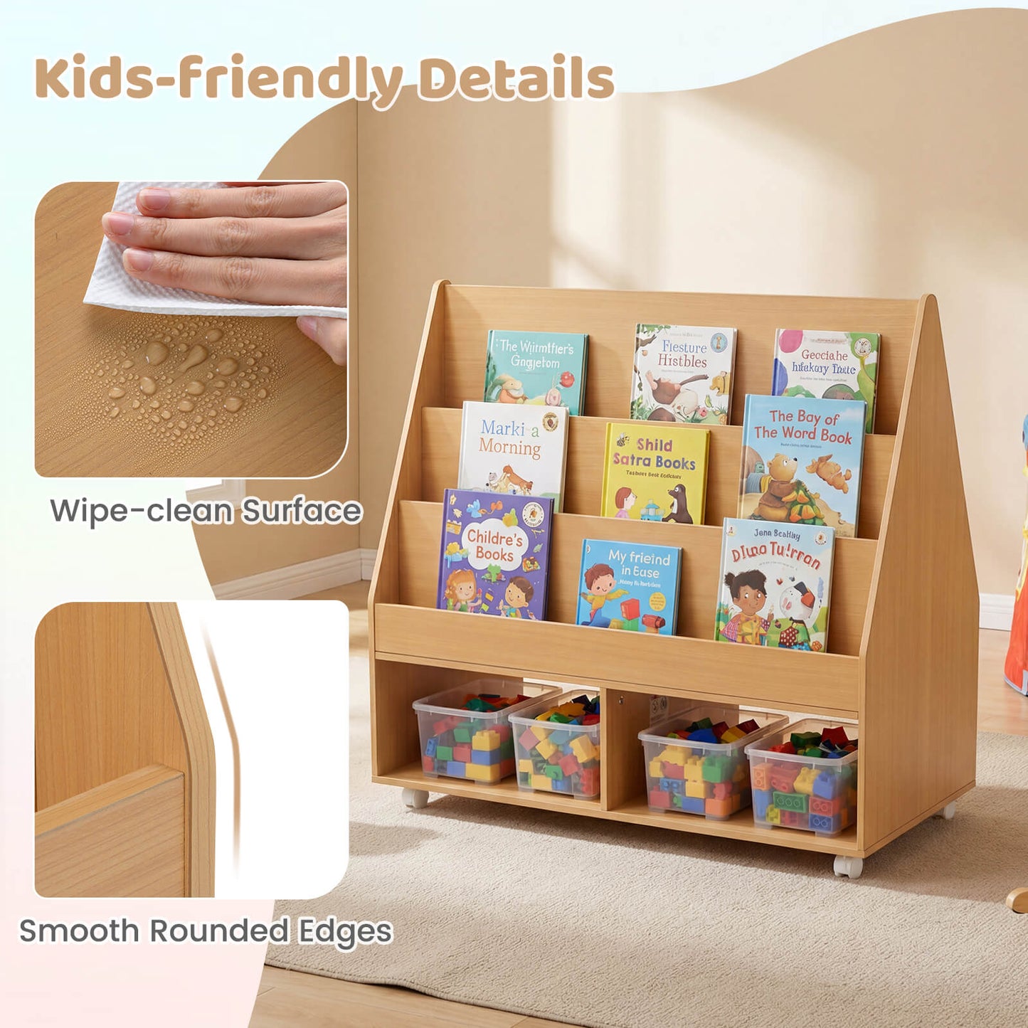 Natural Kids Rolling Bookshelf | Chalkboard & Open Cubes
