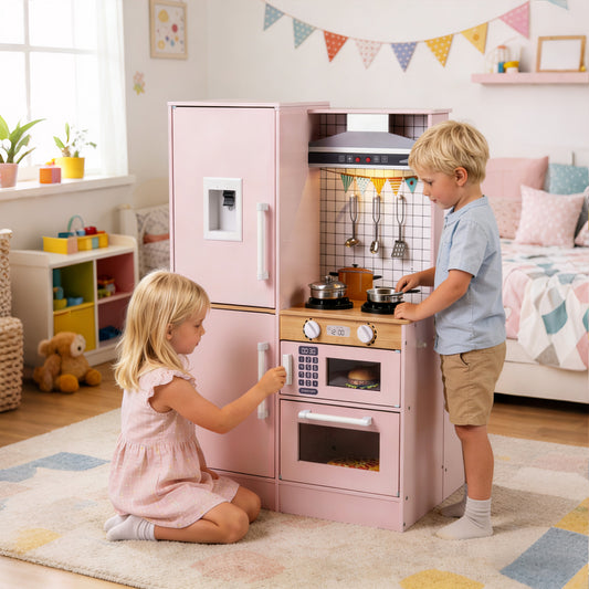 Double Sided Kids Play Kitchen | Water Dispenser Cookware Pink