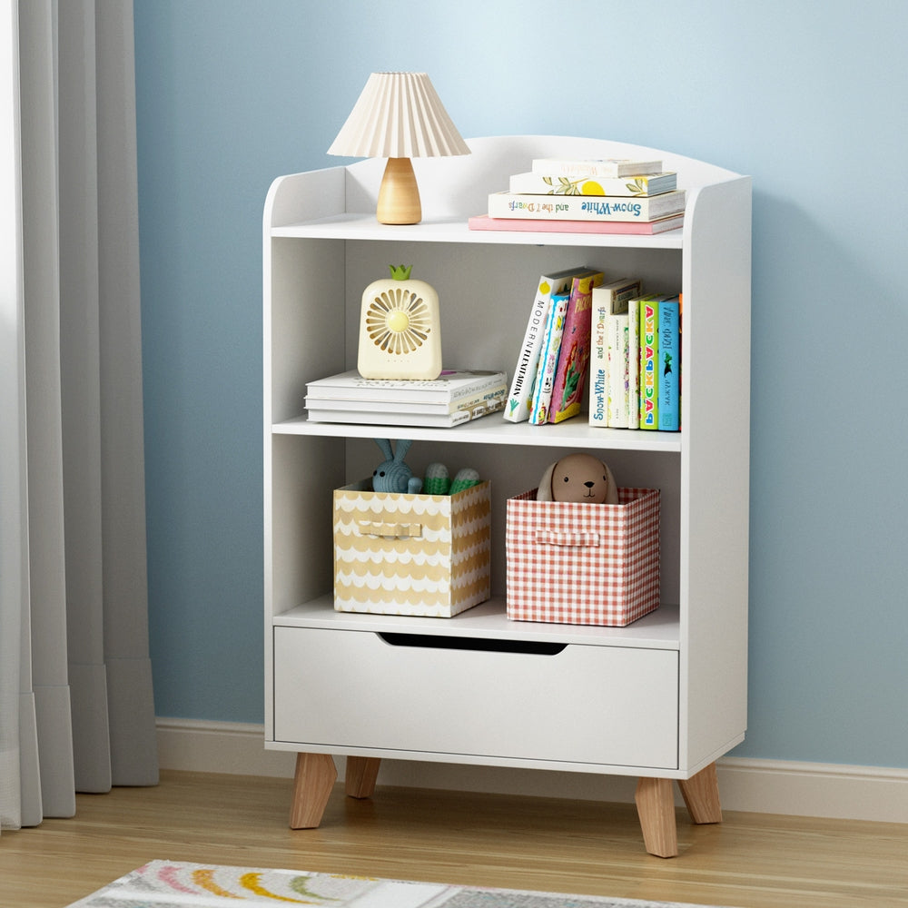 Keezi 3 Tier Kids Bookshelf with Drawer in White - Perfect storage solution for kids books. Keezi 3 Tier Kids Bookshelf with Drawer in White - Perfect storage solution for kids books.