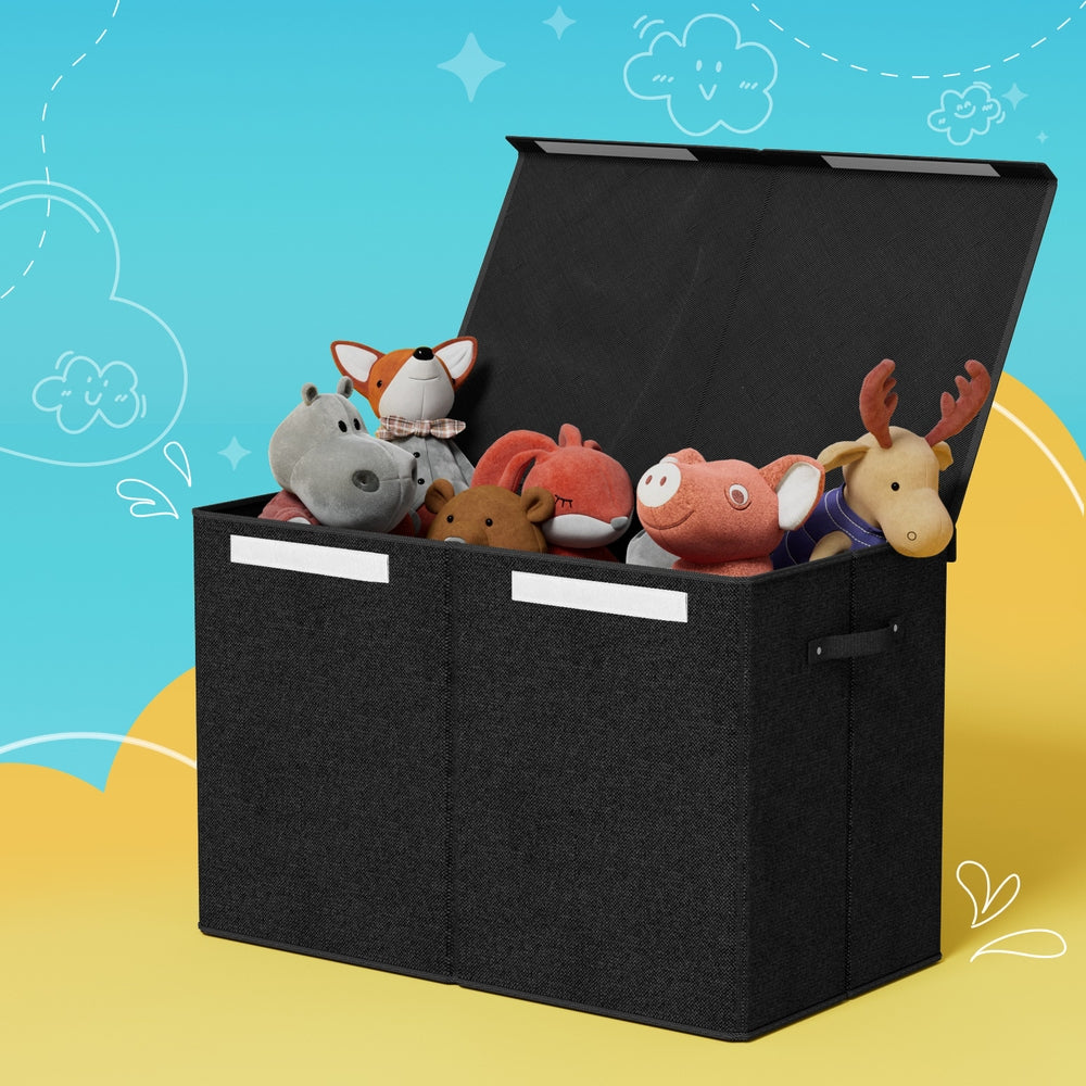 Large foldable toy storage chest with flip-top lid offers spacious organization for playrooms and bedrooms.