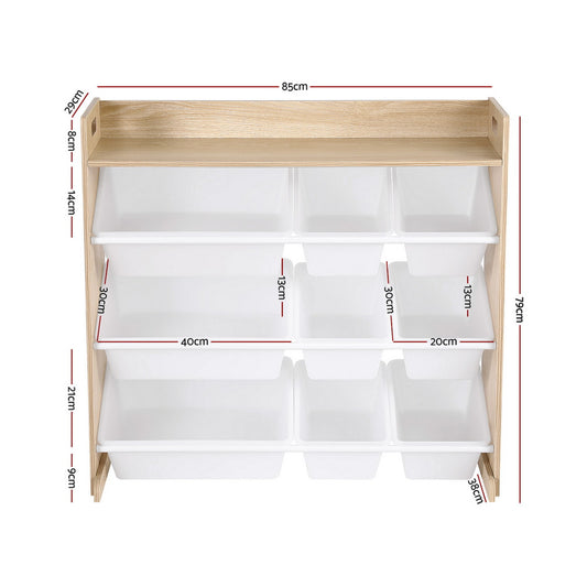 Keezi Kids Toy Box 9 Bins Bookshelf Organiser Display Shelf Storage Rack Wooden
