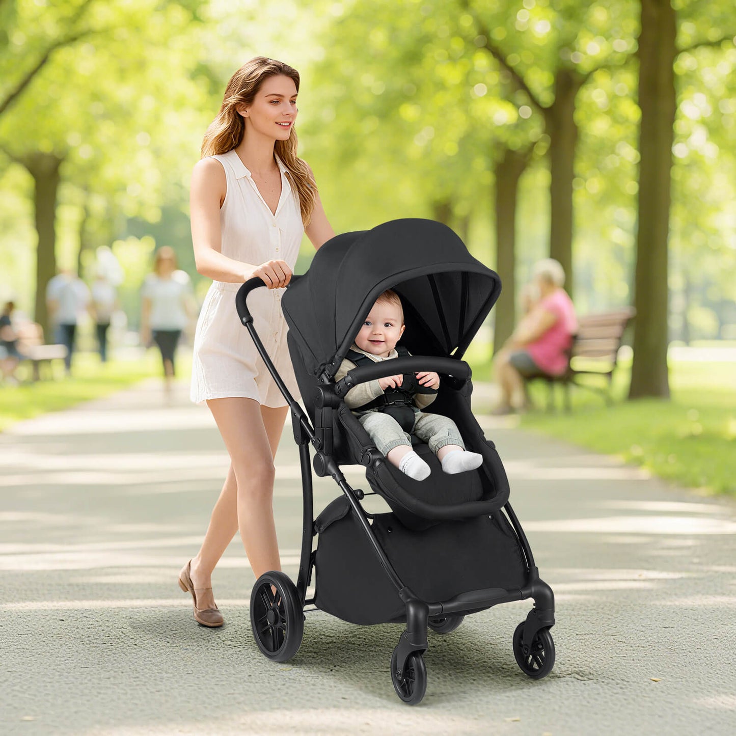 2-in-1 Foldable Baby Stroller with Reversible Seat and Adjustable Backrest-Black