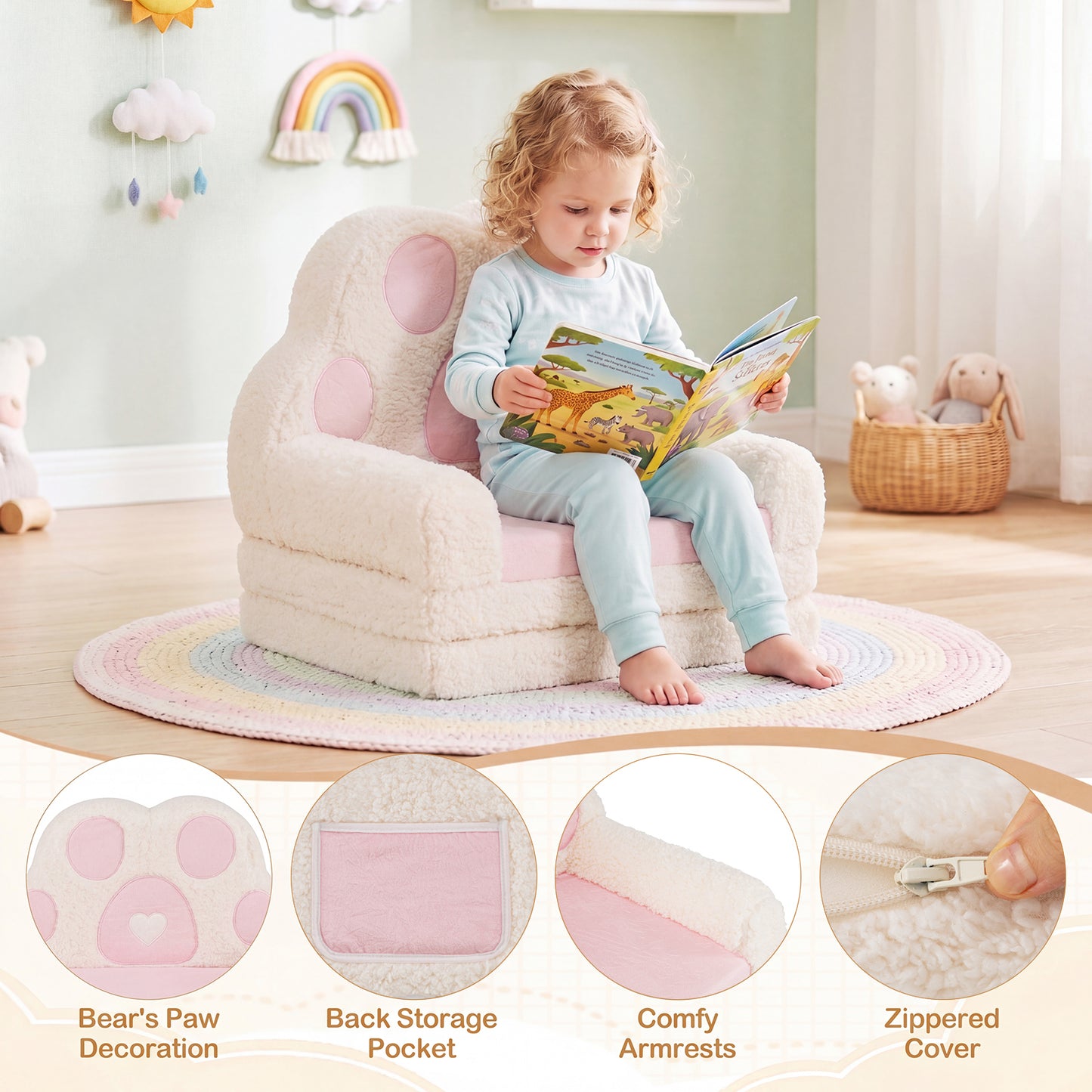 Pink Foldable Toddler Sofa Chair | 2-in-1 Couch & Lounger