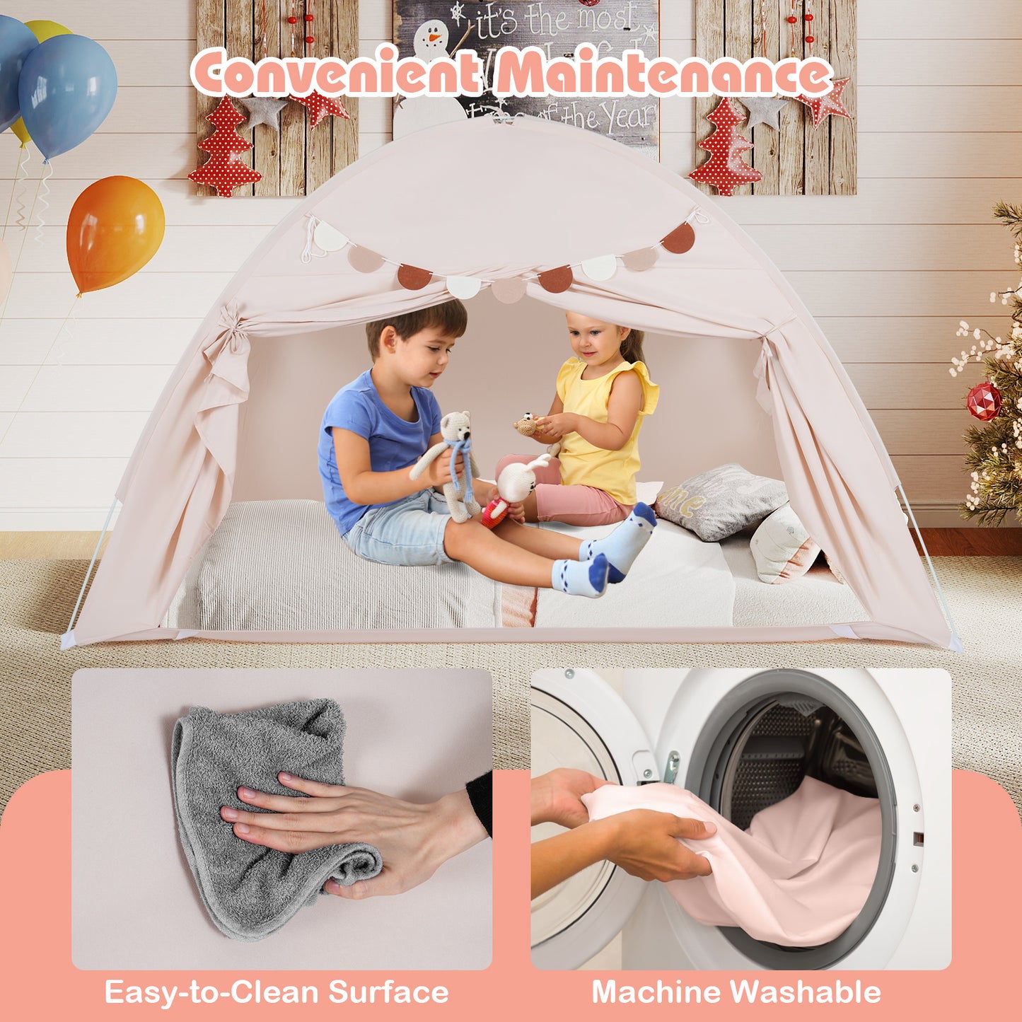 Beige Foldable Kids Twin Bunk Bed Tent | 2 Windows Playhouse
