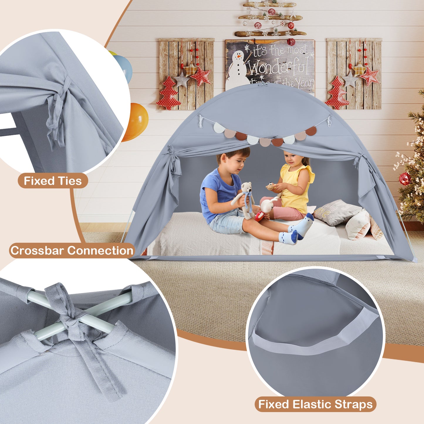 Foldable Grey Bunk Bed Canopy Tent | 2 Windows & Banner