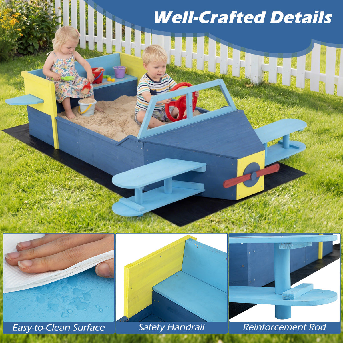 Blue Glider Wooden Sandpit | Large Sandbox With Bench Seat