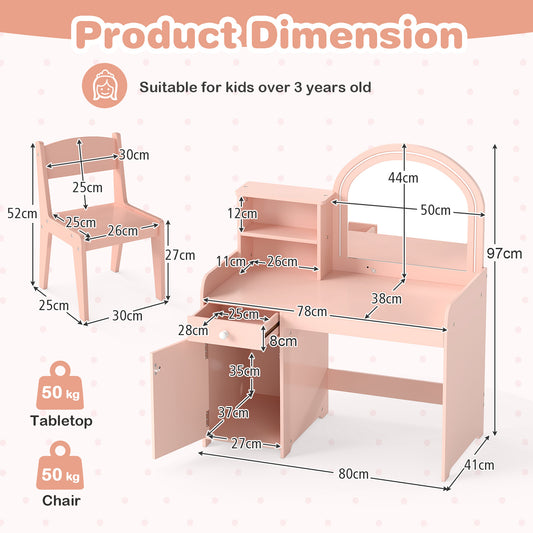 Kids Makeup Vanity Table Chair Set | Light Pink Dual LED Mirror