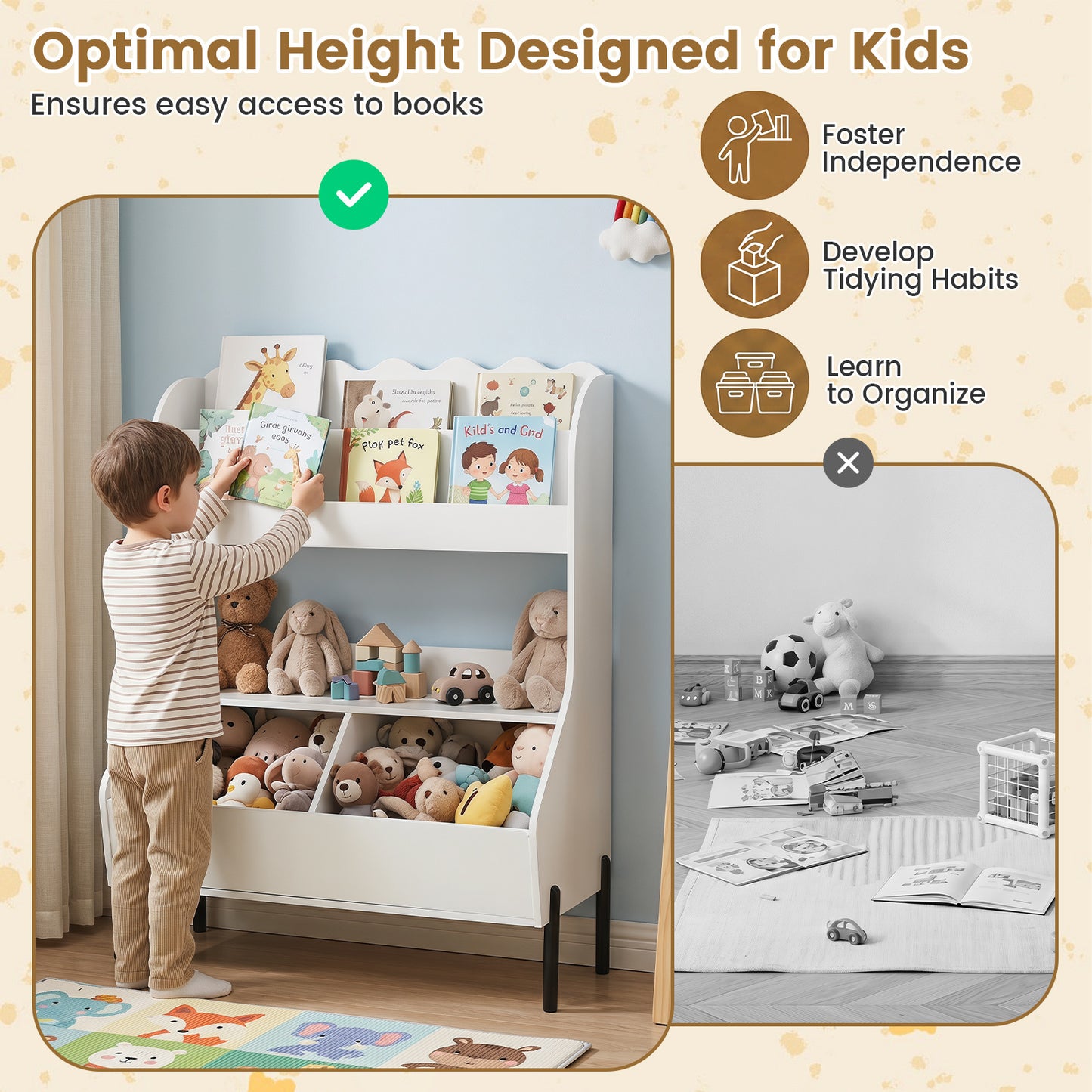 White Kids Toy Storage Organizer | 2 Bins & Open Shelf