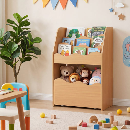 Kids Bookshelf Toy Storage Organizer | 4-Tier Natural Wood