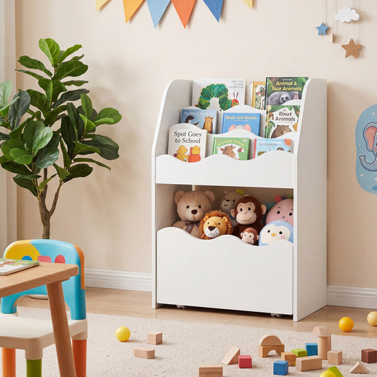 White Kids Bookshelf & Toy Storage Organizer | 4-Tier Rolling Drawer