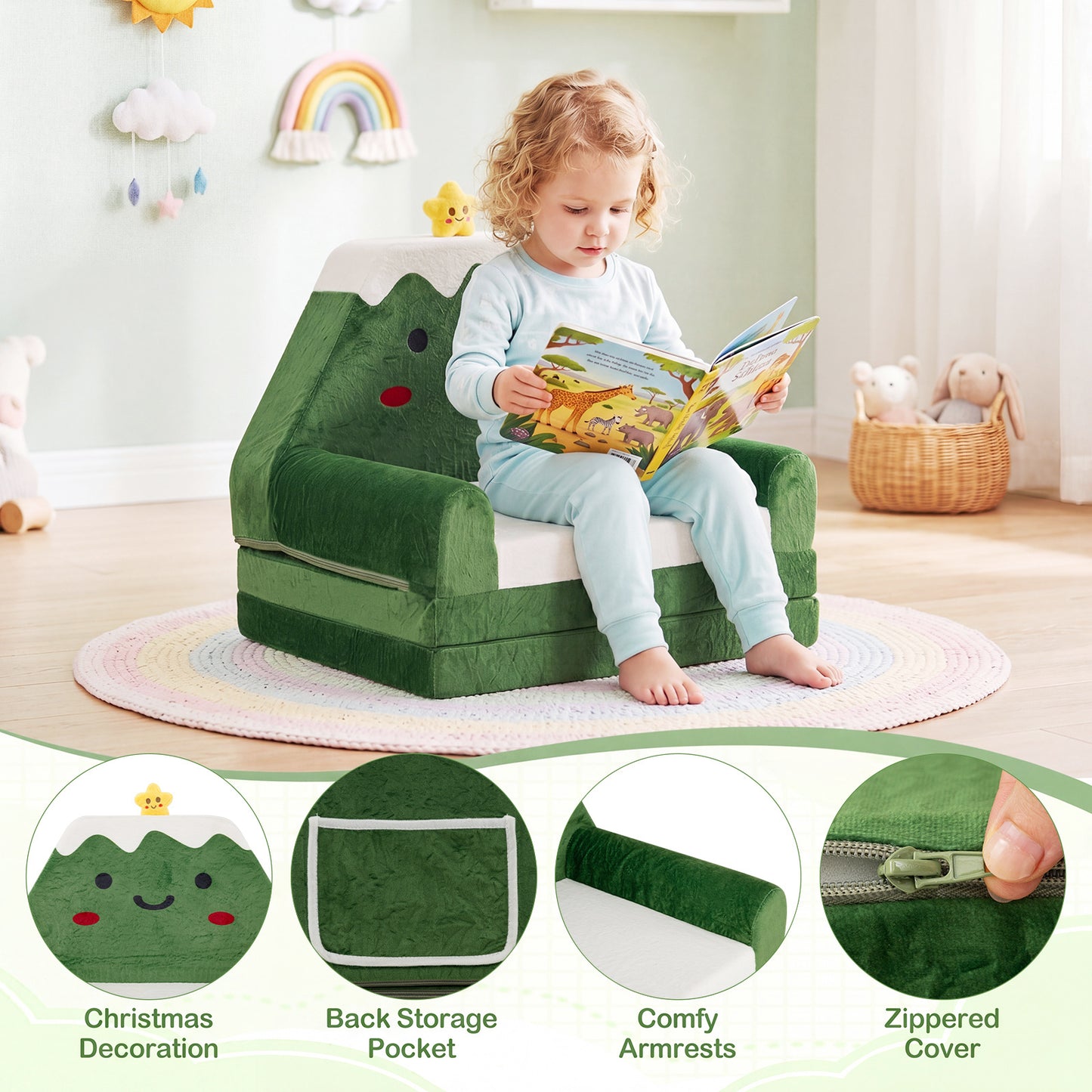 Green Kids 2-in-1 Convertible Sofa Bed | Toddler Couch