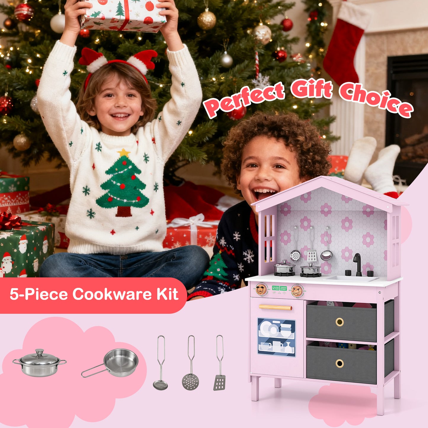House Shaped Play Kitchen With 5 Piece Cookware For 3 6 Years Old Pink