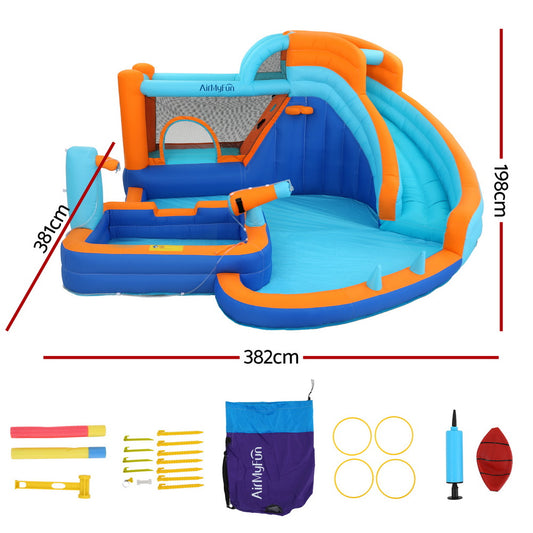 inflatable water slide and bounce park with pool, perfect for outdoor summer fun and entertainment.