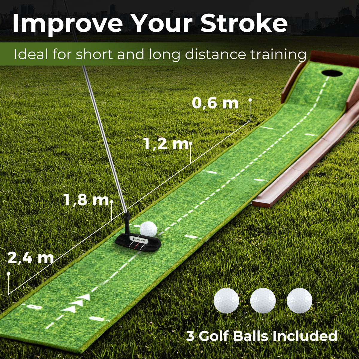 Green & Brown Golf Putting Mat | Auto Ball Return & 3 Balls