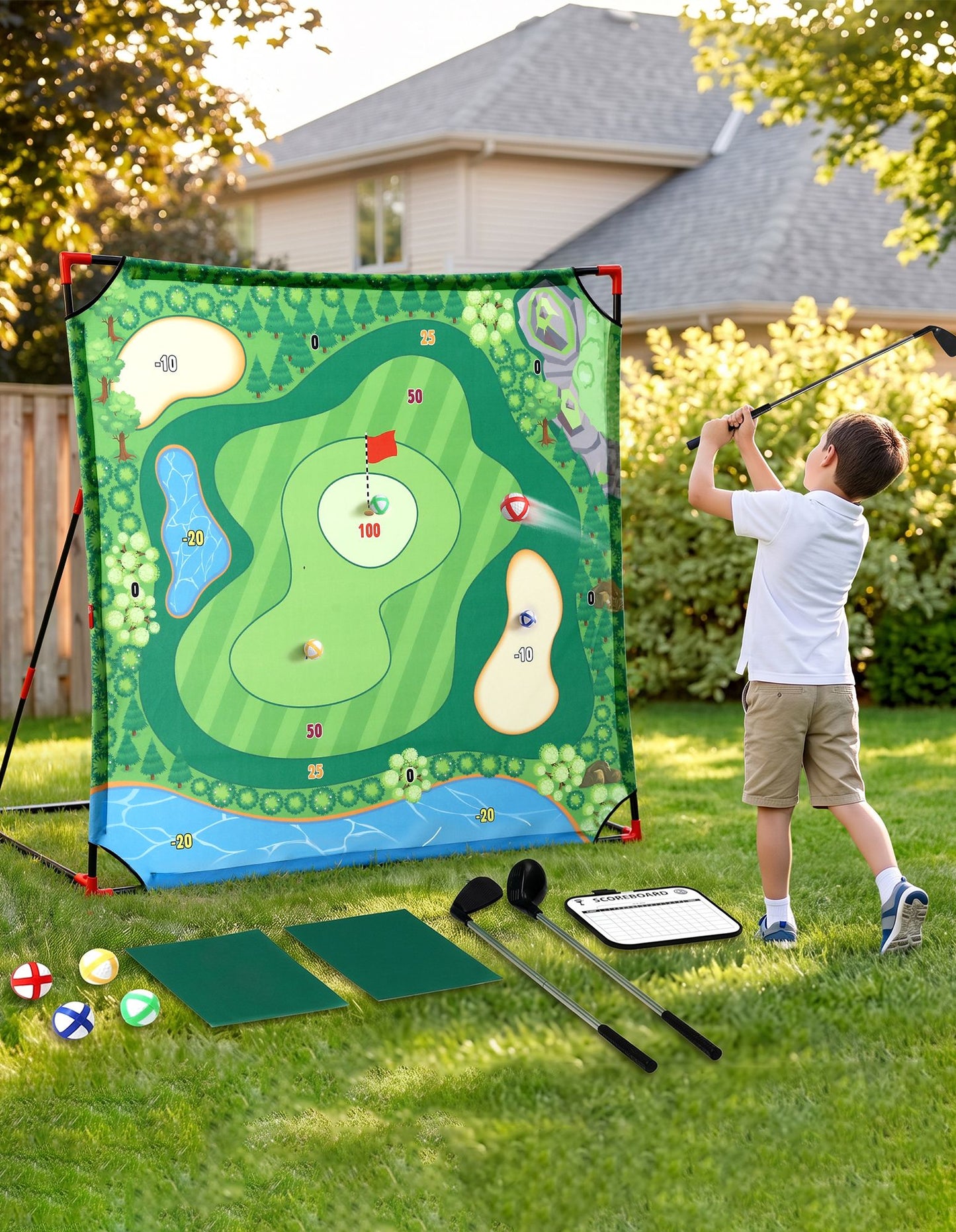 Keezi Kids Golf Chipping Game Set with Stand, Sticky Balls, Club & Hitting Mats