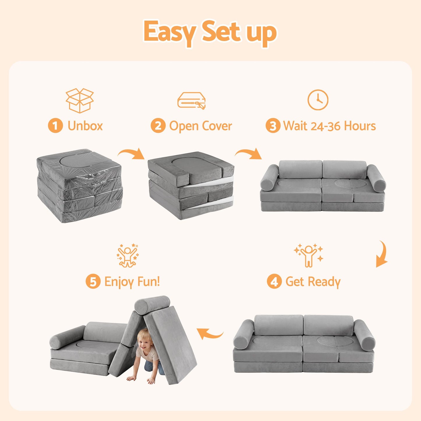 Keezi 12PCS Modular Kids Play Couch Foam Sofa Set Grey