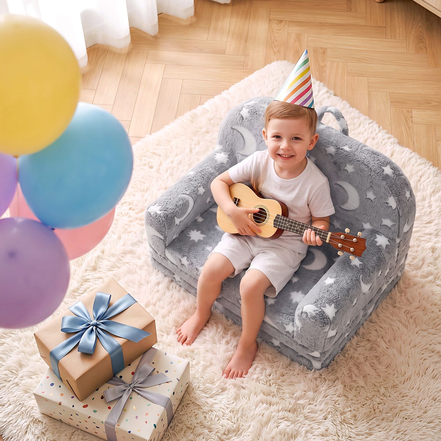 Keezi Kids 2-in-1 Fold Out Sofa Bed Glow in the Dark, Grey